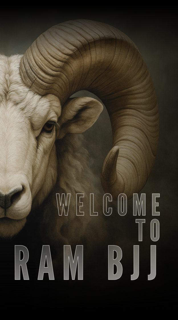 Close-up of a ram with large curved horns on a dark background, featuring text 'Welcome to RAM BJJ'.